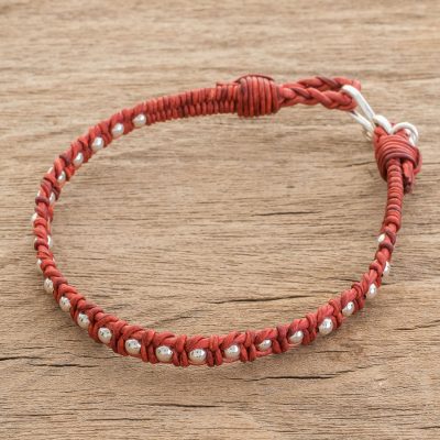Fine silver and leather beaded wristband bracelet, Orange Brilliance