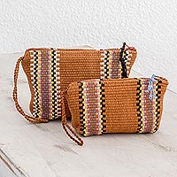 Cotton cosmetic bags, 'Dunes at Dawn' (pair) - Burnt Sienna Striped Handwoven Cotton Cosmetics Cases (Pair)