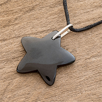 Jade pendant necklace, 'Dark Night Star' - Handcrafted Black Jade Star on Cotton Cord Pendant Necklace