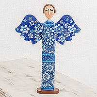 Wood statuette, 'Love and Guidance in Blue' - Hand Carved and Painted Blue Floral Angel Wood Statuette