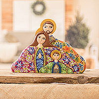 Wood statuette, 'Family of Love' - Colorful Floral Handcrafted Wood Nativity Scene Statuette