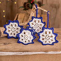 Hand-crocheted ornaments, 'Sapphire Snowflakes' (set of 4) - Hand-Crocheted Snowflake Ornaments in Sapphire (Set of 4)