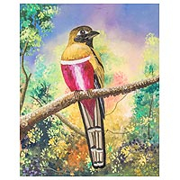 'Natural Enchantment' - Signed Painting of a Red-Breasted Bird from Guatemala