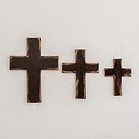 Wood wall crosses, 'Symbol of Love in Brown' (set of 3) - Wood Wall Crosses in Brown from Guatemala (Set of 3)