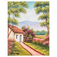 'Magic Village' - Signed Painting of a Countryside Cottage from Guatemala