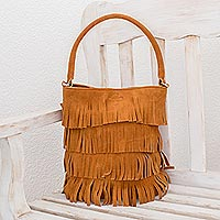 Suede handle handbag, 'Bohemian Ginger' - Fringed Suede Handle Handbag in Ginger from El Salvador