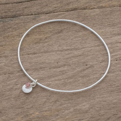 Fine silver bangle bracelet, 'Hammered Ring in Pink' - Fine Silver Bangle Bracelet in Blue from Guatemala
