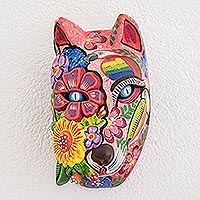 Wood mask, 'Guatemalan Marvels' - Hand-Painted Floral Wood Wolf Mask from Guatemala