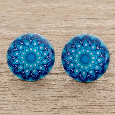 Resin and paper stud earrings, Blue Rivers
