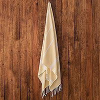 Cotton beach towel, 'Sweet Relaxation in Buttercup' - Striped Cotton Beach Towel in Buttercup from Guatemala