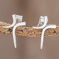 Sterling silver button earrings, 'Sweeping Faith' - Modern Cross Sterling Silver Button Earrings from Guatemala
