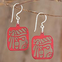Recycled wood dangle earrings, 'Mayan Essence in Red' - Mayan-Themed Recycled Wood Dangle Earrings in Red