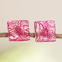Recycled CD stud earrings, 'Bubble Explosion in Pink' - Recycled CD Stud Earrings in Pink from Guatemala