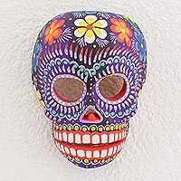 Wood mask, 'Life Eternal' - Floral Skull Wood Wall Mask from Guatemala