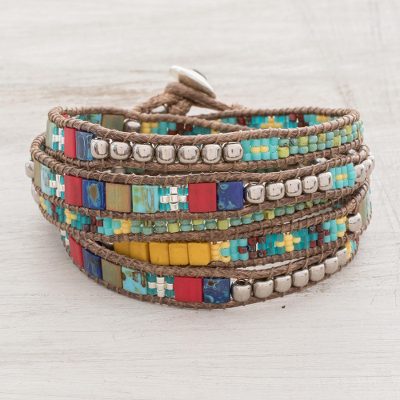 Glass beaded wrap bracelet, 'Fields of Celebration' - Colorful Blue Red and Green Glass Bead Wrap Bracelet