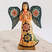 Floral Wood Praying Angel Sculpture from Guatemala,'Angel of Prayer'