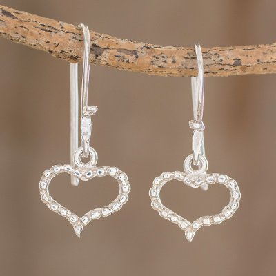 Sterling silver dangle earrings, 'Real Hearts' - Heart-Shaped Sterling Silver Dangle Earrings from Guatemala