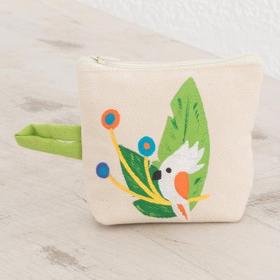 Cotton coin purse, 'Tropical Bird' - Hand-Painted Tropical Bird Cotton Coin Purse