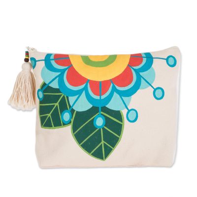 Cotton cosmetic bag, 'Floral Inspiration' - Floral Hand-Painted Cotton Cosmetic Bag from El Salvador