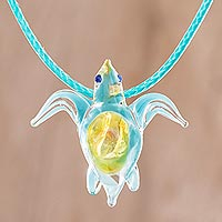 Art glass pendant necklace, 'In the Ocean' - Art Glass Sea Turtle Pendant Necklace from Costa Rica