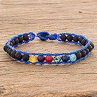 Men's beaded macrame bracelet, 'Planet Colors in Blue' - Men's Glass and Lava Stone Beaded Macrame Bracelet in Blue