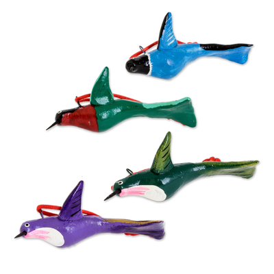 Set of 4 hand-painted ceramic hummingbird ornaments