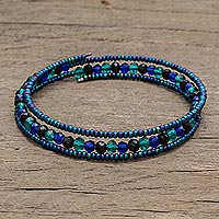 Crystal and glass beaded wrap bracelet, 'Glamorous Lakes' - Blue Crystal and Glass Beaded Wrap Bracelet from Guatemala