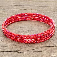 Glass beaded wrap bracelet, 'Passionate Harmony' - Red Glass Beaded Wrap Bracelet from Guatemala