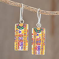 Wood dangle earrings, 'Xela Marvels' - Huipil-Inspired Wood Dangle Earrings from Guatemala