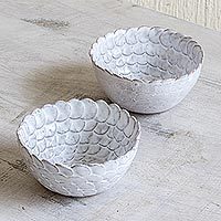 Small ceramic bowls, 'White Scales' (pair) - Hand Crafted Small White Ceramic Bowls (Pair)