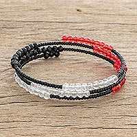 Glass and crystal beaded wrap bracelet, 'Two-Tone Illusion' - Black and Red Glass and Crystal Beaded Wrap Bracelet