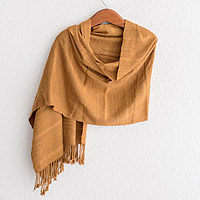 Cotton shawl, 'Subtle Texture in Caramel' - Textured Cotton Shawl in Caramel from Guatemala