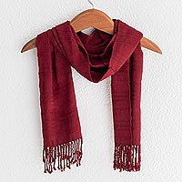 Rayon scarf, 'Color and Texture in Wine' - Wine Red Hand Woven Rayon Scarf with Fringe