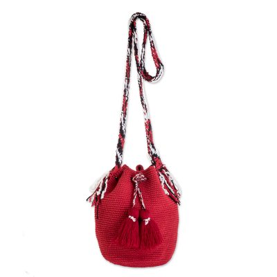 Cotton bucket bag, 'Succulent Strawberry' - Hand-Crocheted Cotton Bucket Bag in Solid Strawberry
