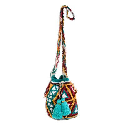 Cotton bucket bag, 'Tribal Geometry' - Colorful Geometric Cotton Bucket Bag from Guatemala