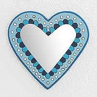 Wood wall mirror, 'Blue Heart' - Blue Heart-Shaped Wood Wall Mirror from Guatemala