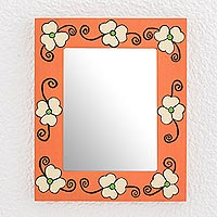 Wood wall mirror, 'Flowers of the Field' - Cheerful Orange Floral Wood Wall Mirror