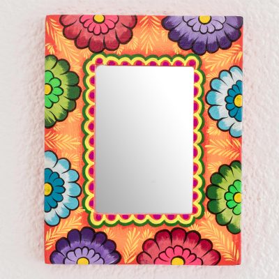 Wood wall mirror, Floral Reflection in Orange