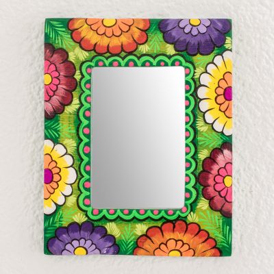 Wood wall mirror, Floral Reflection in Green