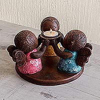 Ceramic tealight candleholder, 'Angel Trio' - Salvadoran Ceramic Angel Tealight Candleholder