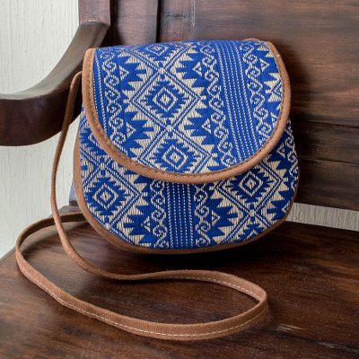 Handwoven cotton and faux suede sling, 'Feminine Subtlety in Blue' - Blue and Beige Cotton Sling Bag from Guatemala