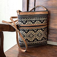 Cotton and faux suede sling, 'Sweet Journey in Black' - Patterned Cotton Sling Bag with Faux Suede