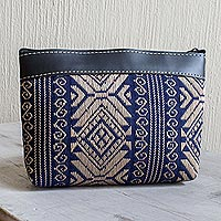 Handwoven cotton cosmetic bag, 'Sweet Journey in Navy' - Navy and Beige Hand Crafted Cotton Cosmetic Bag