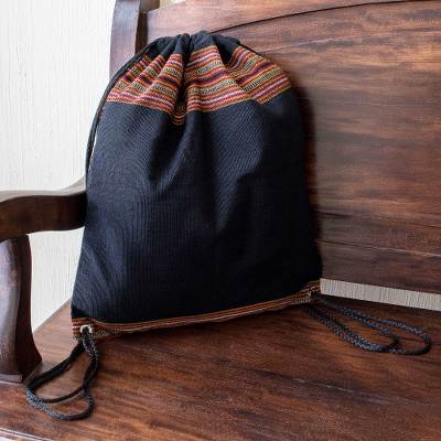 Handwoven cotton backpack, 'On the Go in Black' - Lightweight Cotton Backpack in Black from Guatemala