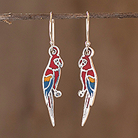 Enameled sterling silver earrings, Scarlet Macaws