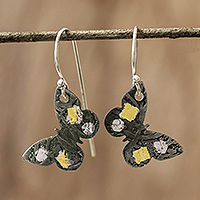 Gold accent dangle earrings, 'Midnight Butterfly' - 24k Gold Accent Dark Sterling Silver Butterfly Earrings