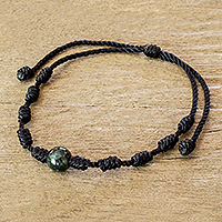 Jade pendant bracelet, 'Knotty' - Unisex Black Cord and Green Jade Bracelet