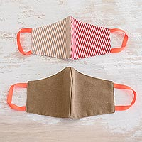 Cotton face masks, 'Candy Stripe Brown' (pair) - 2 Adults Handwoven Cotton Masks in Brown-Red Stripes & Brown