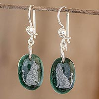 Jade dangle earrings, 'Nature of God - Cat' - Sterling Silver and Jade Cat Dangle Earrings