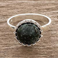 Jade cocktail ring, 'Dark Green Moon' - Sterling Silver Ring with a Very Dark Green Jade Circle